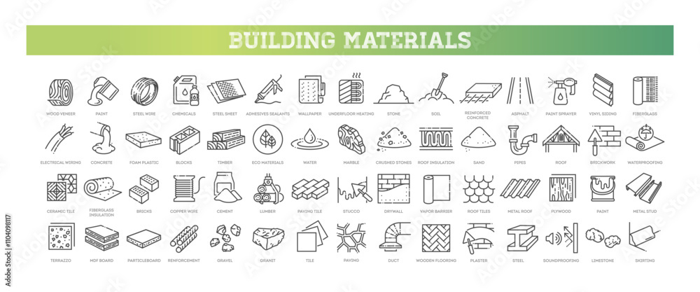 Building materials icons. Linear icon collection