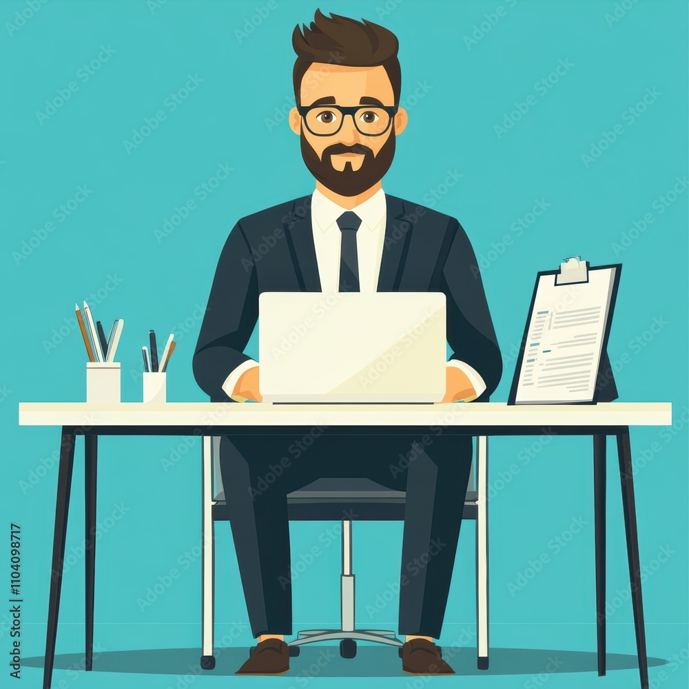 A professional man sits at a sleek desk with a laptop, stationery, and documents in a modern office setting, This image is ideal for business, corporate presentations, or motivational content, A professional man sits at a sleek desk with a laptop, stationery, and documents in a modern office setting, This image is ideal for business, corporate presentations, or motivational content,
