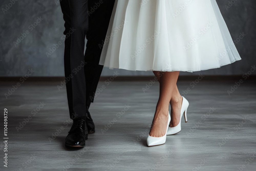 In an elegant setting, a well-dressed couple stands poised, leg positions captured mid-dance. Their steps echo harmony and love, highlighted in their dance motion. In an elegant setting, a well-dressed couple stands poised, leg positions captured mid-dance. Their steps echo harmony and love, highlighted in their dance motion.