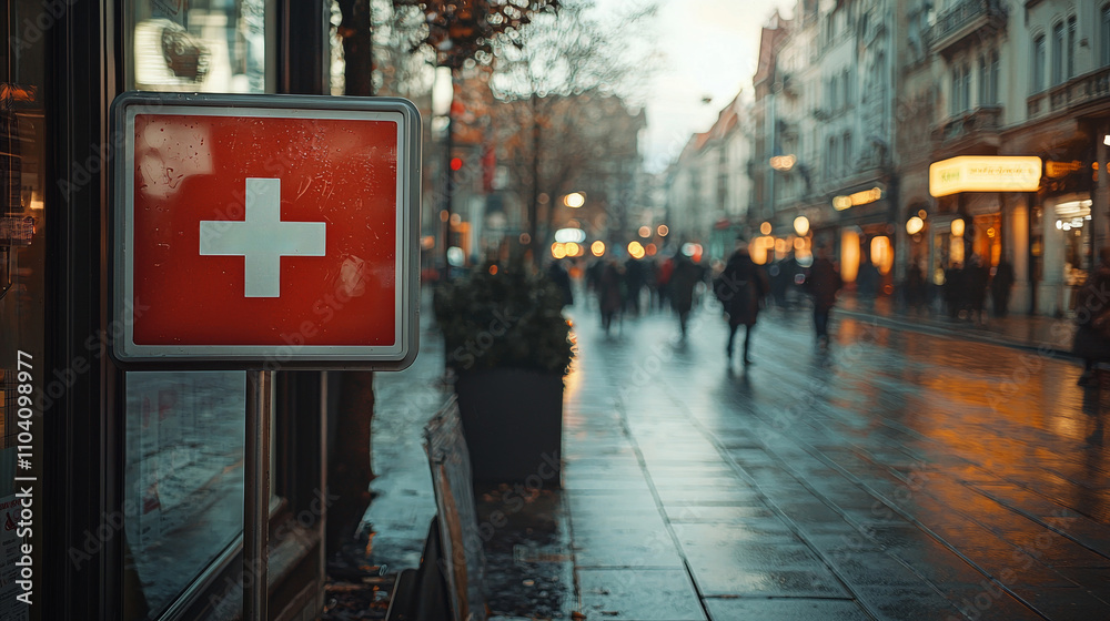 Obraz premium A red cross sign illuminates a bustling street scene, reflecting the wet pavement and hinting at nearby shops and pedestrians in a vibrant city atmosphere.