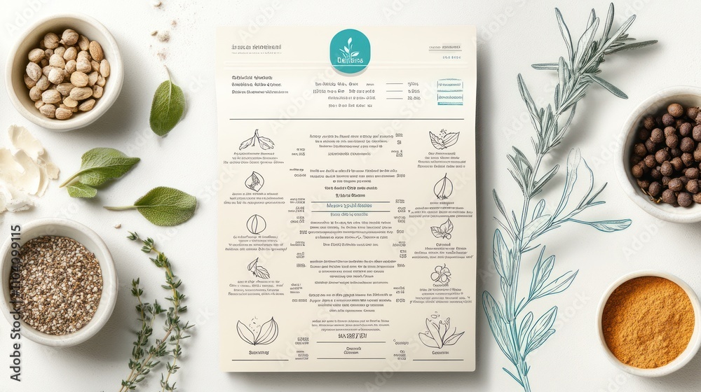 A layout featuring herbs, spices, and a detailed informational sheet. A layout featuring herbs, spices, and a detailed informational sheet.