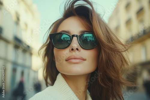 A fashionable woman, donned in chic sunglasses, strikes a confident pose in a lively urban setting, exuding poise and sophistication under the bright sunlight.