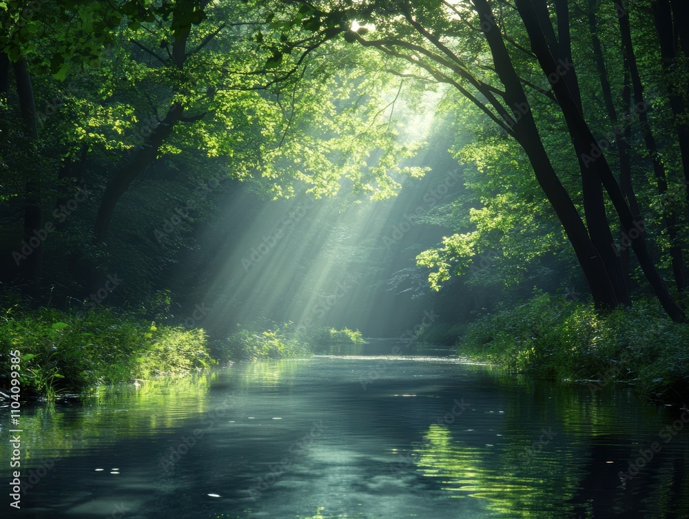 A tranquil forest scene featuring a serene river illuminated by soft, dappled sunlight filtering through lush green trees, This image is perfect for nature-themed projects, relaxation A tranquil forest scene featuring a serene river illuminated by soft, dappled sunlight filtering through lush green trees, This image is perfect for nature-themed projects, relaxation