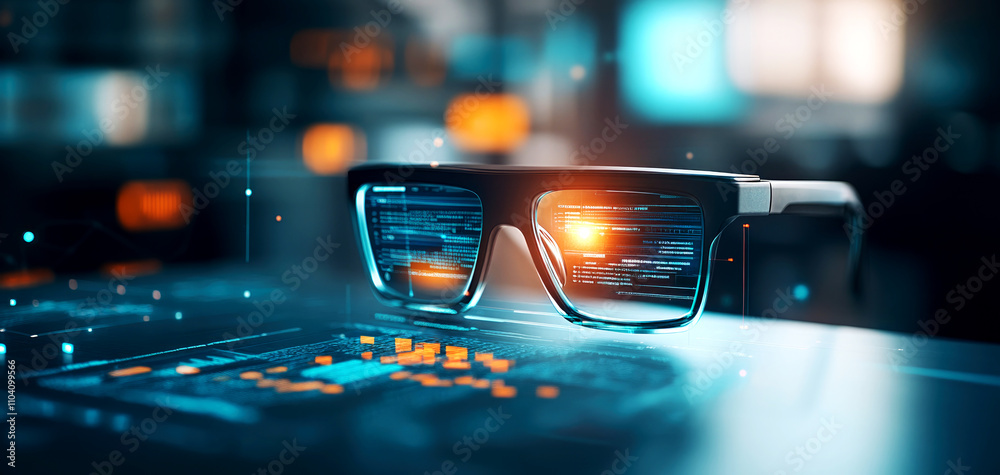 Futuristic VR glasses. VR glasses on a table with glowing light effects, surrounded by a tech workspace, innovative vibe Futuristic VR glasses. VR glasses on a table with glowing light effects, surrounded by a tech workspace, innovative vibe