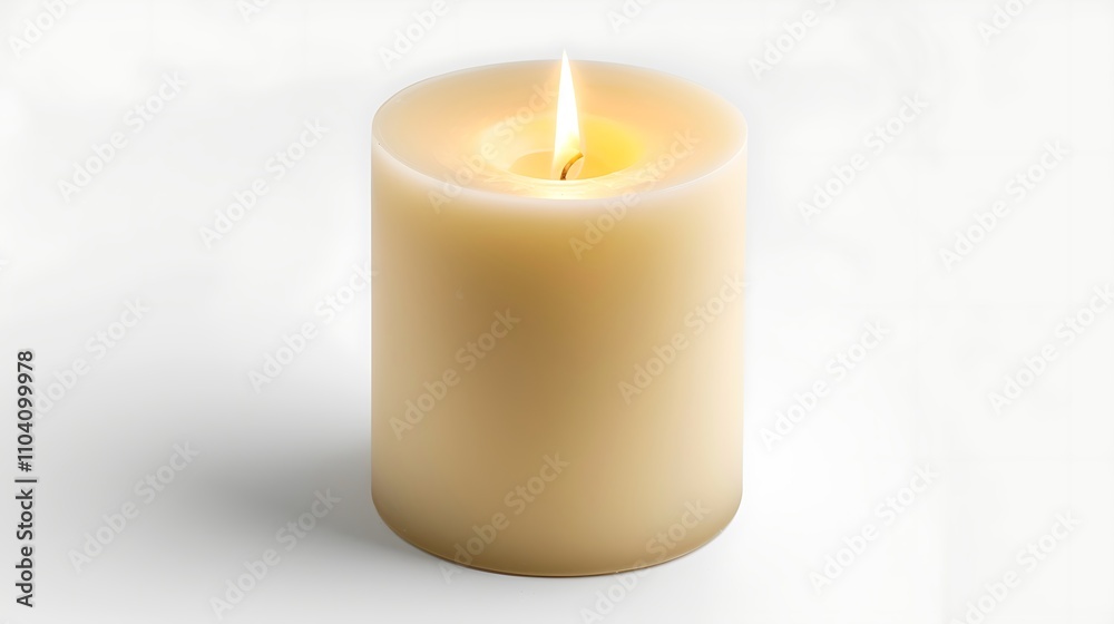 Soft Flickering Candle Burning on a Clean White Background, Creating a Serene Atmosphere of Calm and Tranquility Soft Flickering Candle Burning on a Clean White Background, Creating a Serene Atmosphere of Calm and Tranquility