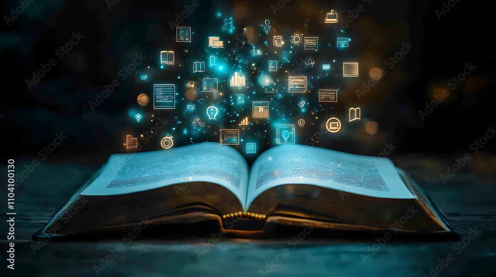 Fototapeta premium Open book with digital icons flowing from the pages, representing modern learning and information access