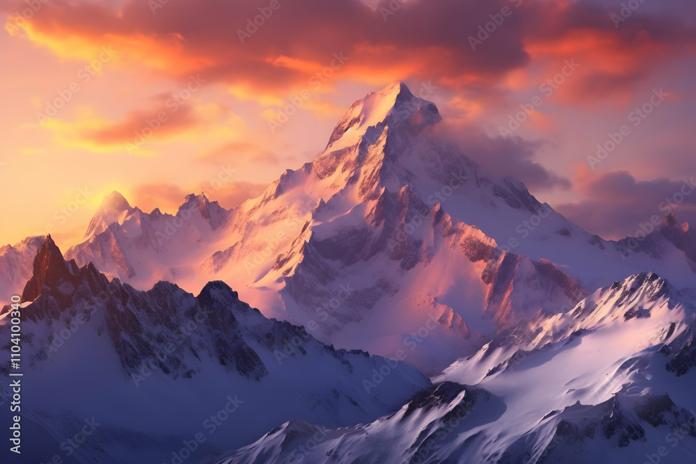 Majestic snow-capped mountains bathed in the warm hues of a breathtaking sunset. A stunning display of nature's beauty. Majestic snow-capped mountains bathed in the warm hues of a breathtaking sunset. A stunning display of nature's beauty.