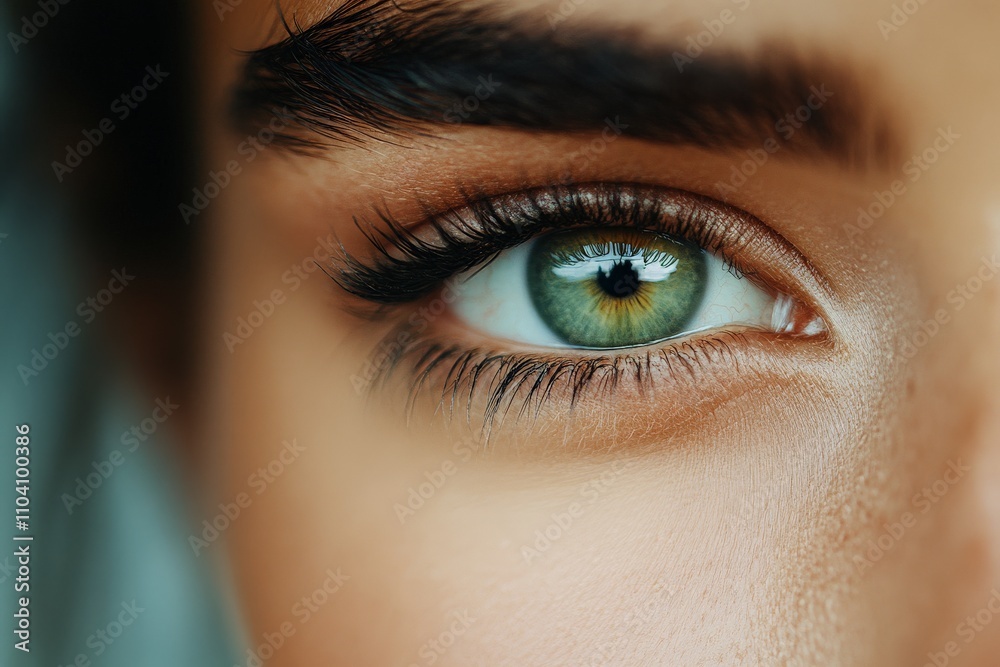 Obraz premium An abstract close-up image capturing the vivid details and textures of a human eye, with striking colors of the iris and fine details of the skin and lashes.