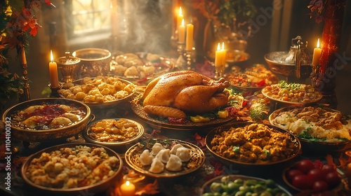 A global Thanksgiving dinner, showcasing turkey surrounded by diverse dishes like Middle Eastern falafel, Chinese dim sum, and African stews, decorated with festive candles, autumn leaves,