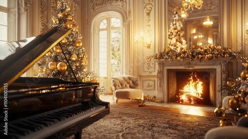 Elegant Living Room with Piano and Holiday Decorations