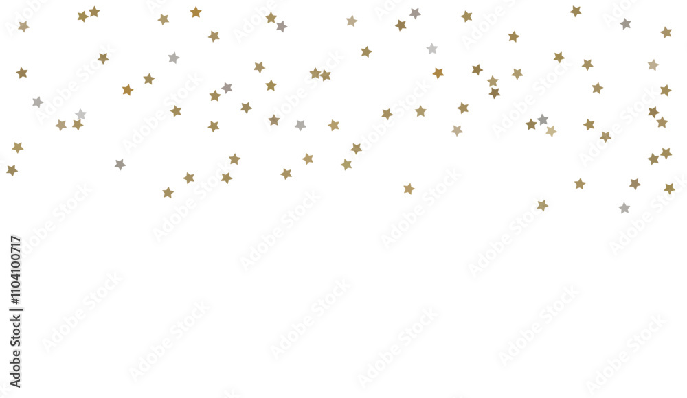 Fototapeta premium Little golden silver glittering star shaped confetti isolated on background. Falling tinsel. Festive party decoration. New Year, birthday, winner celebration concept. Vector illustration banner