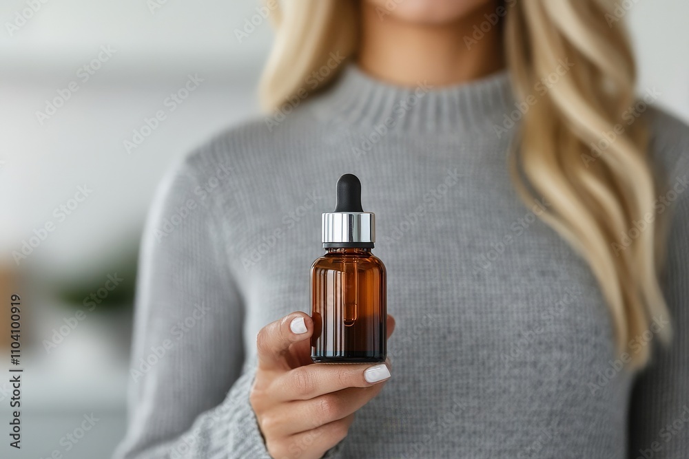 Fototapeta premium A hand holding an amber bottle of skincare serum, symbolizing health and beauty, with a focus on natural ingredients and wellness in a minimalistic style.