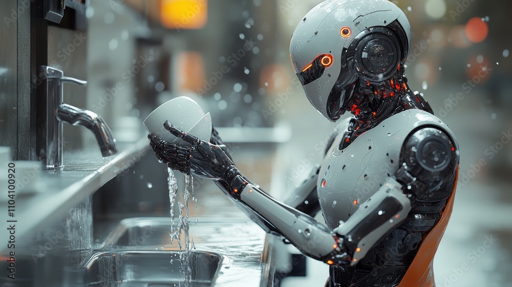 Fototapeta premium Futuristic ai robot washing dishes at kitchen sink