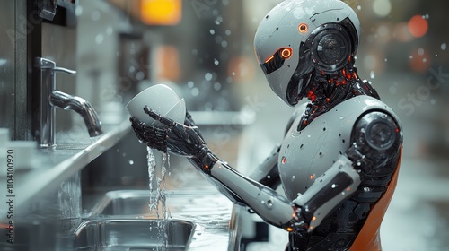 Futuristic ai robot washing dishes at kitchen sink