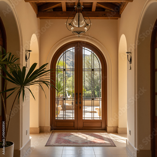 Mediterranean interior design of modern entrance hall with grid door. 