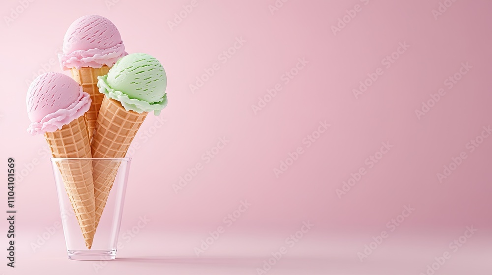 Delightful pastel ice cream cones floating against a soft pink background for a charming summer vibe Delightful pastel ice cream cones floating against a soft pink background for a charming summer vibe