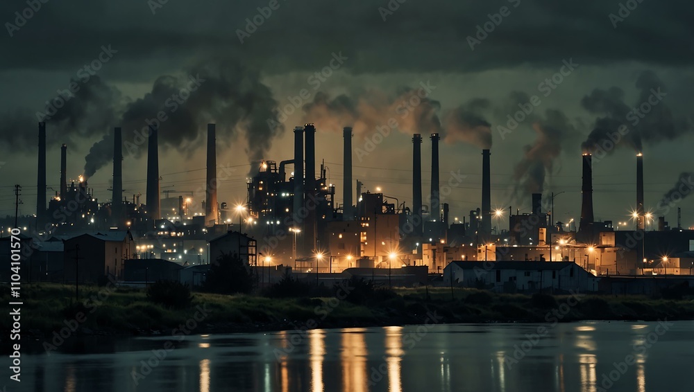 Abstract industrial landscape with factories in muted lighting.