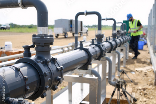service engineer checking on waste water treatment plant with pump on background. worker working on Waste water plant.