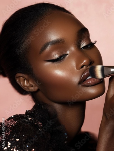 Woman with glowing makeup and a brush on her face photo