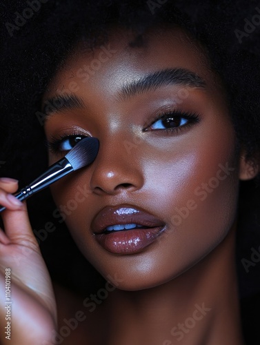 Young woman with natural curls applying highlighter