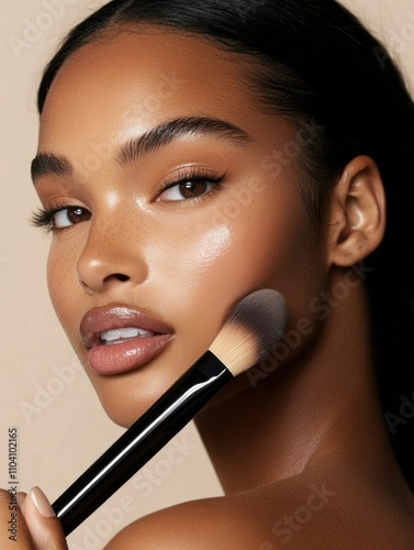 Woman with makeup brush highlighting glowing skin.
