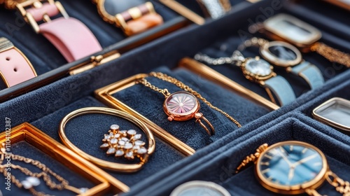 Collection of women's watches and jewelry.