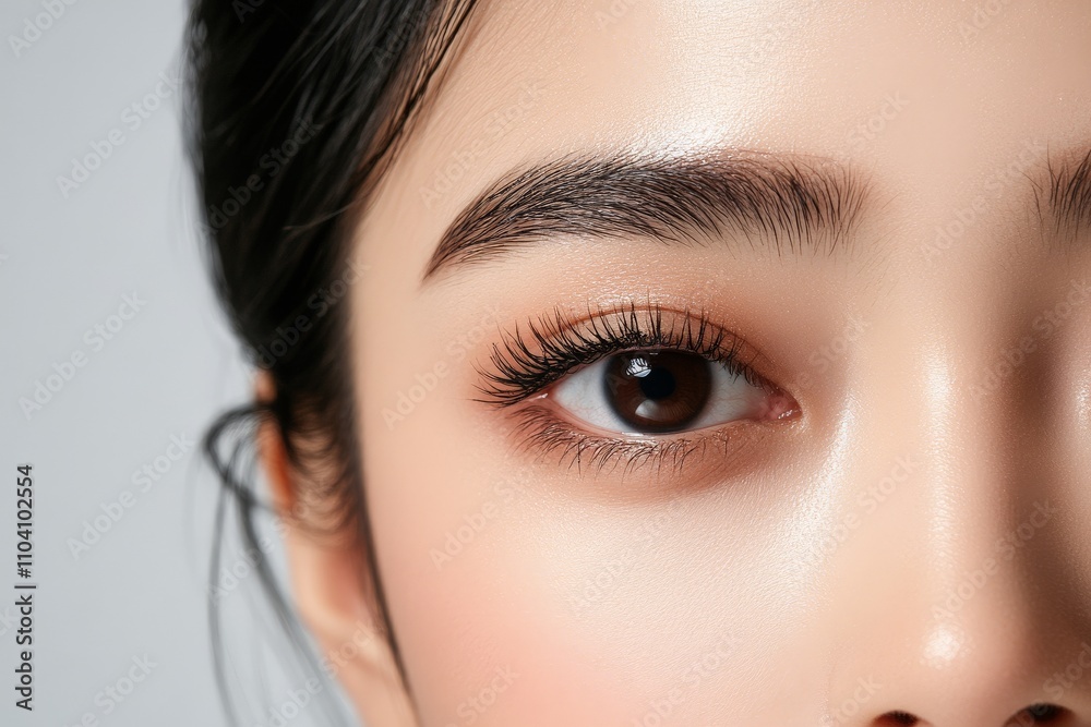 A detailed close-up shot of an eye with perfectly applied natural makeup and a defined eyebrow, highlighting beauty and elegance in a subtle manner. A detailed close-up shot of an eye with perfectly applied natural makeup and a defined eyebrow, highlighting beauty and elegance in a subtle manner.