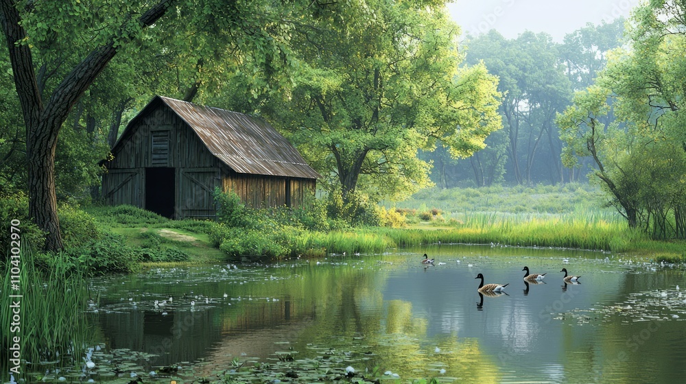 Serene Landscape with Barn, Pond, Geese, and Forest - Ultra-Detailed Photorealistic Scene Serene Landscape with Barn, Pond, Geese, and Forest - Ultra-Detailed Photorealistic Scene