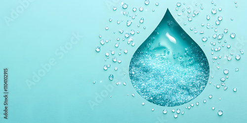 modern art water drop print, dazzling abstract crystal bubble design, light teal aqua blue, sparkling droplets artwork