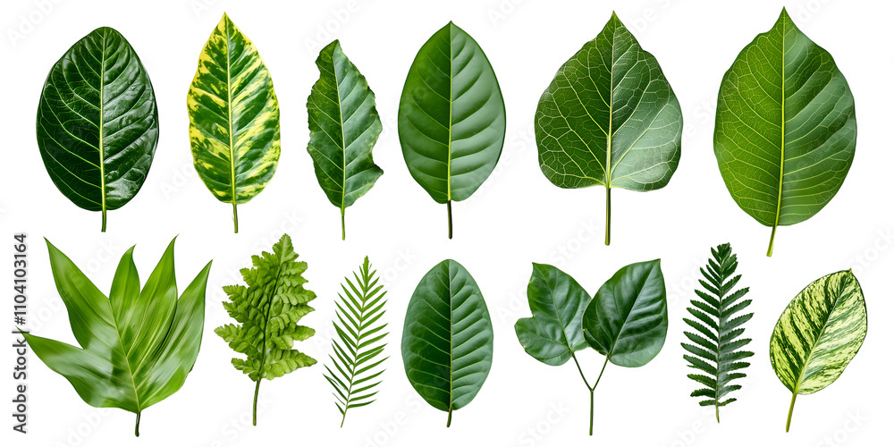 Collection of Various Green Leaves with Unique Shapes and Textures, cutout, isolated on white background