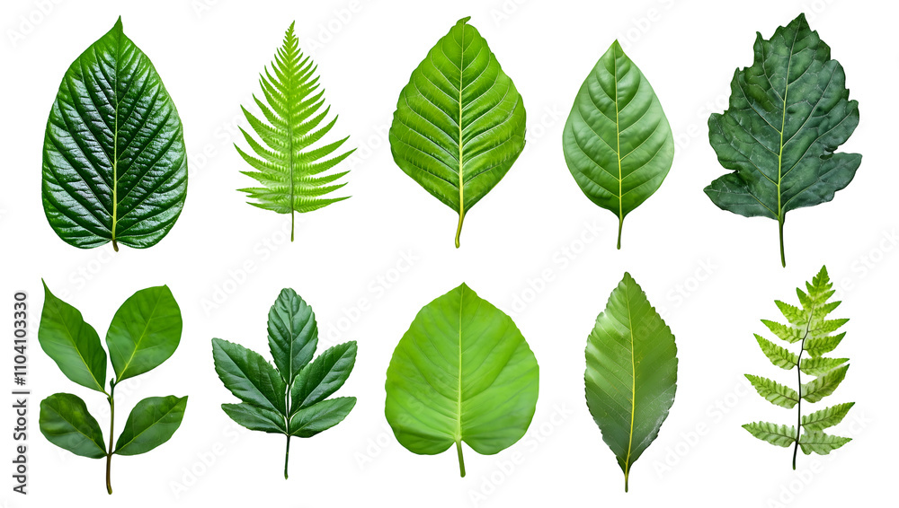 Variety of Green Leaves with Different Shapes and Textures, cutout, isolated on white background Variety of Green Leaves with Different Shapes and Textures, cutout, isolated on white background