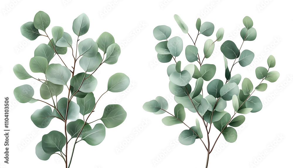Obraz premium Lush Eucalyptus Branches with Soft Green Leaves and Natural Texture, cutout, isolated on white background