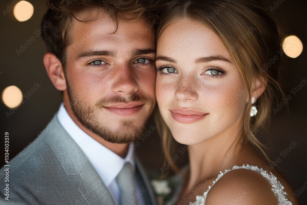 A bride and groom in elegant wedding attire, smiling warmly at the camera, expressing joy, love, and togetherness on their special day. A bride and groom in elegant wedding attire, smiling warmly at the camera, expressing joy, love, and togetherness on their special day.