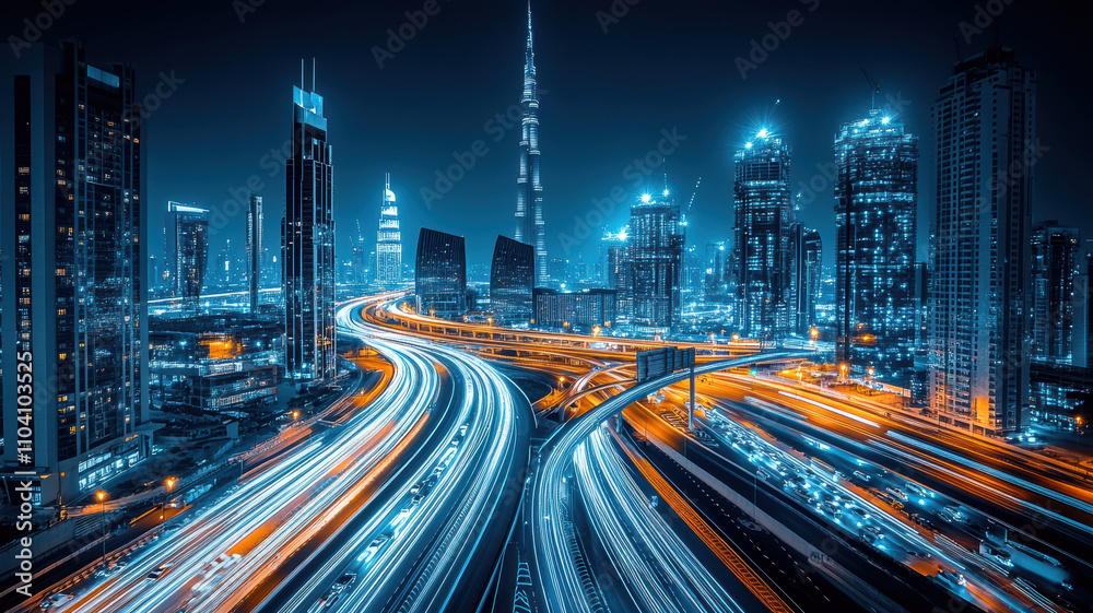 Naklejka premium Busy city highway with skyscrapers glowing