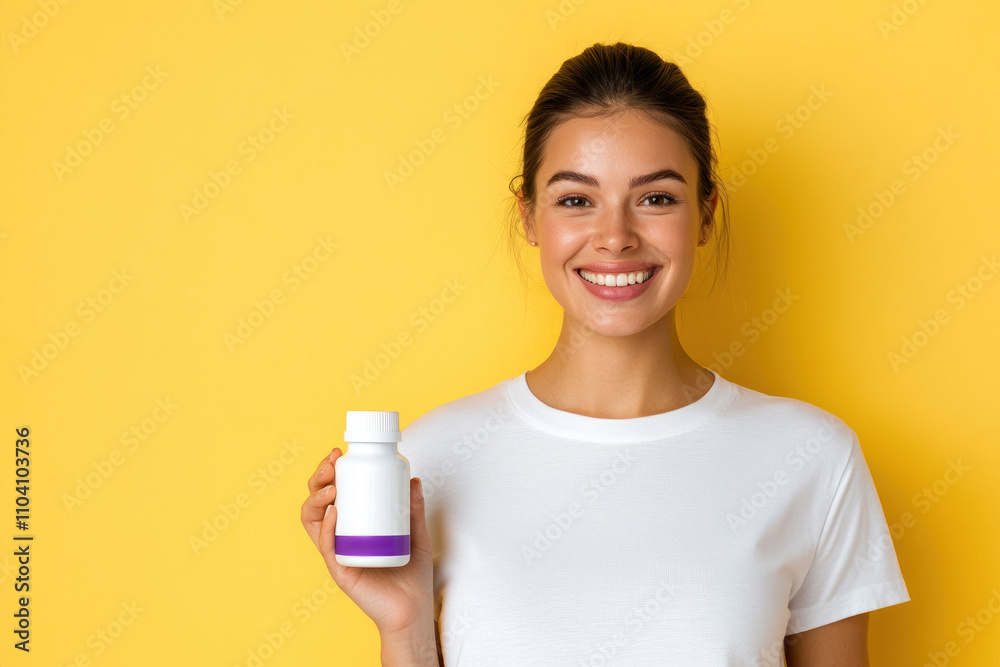 Woman holding compact bottle against yellow backdrop. Woman holding compact bottle against yellow backdrop.