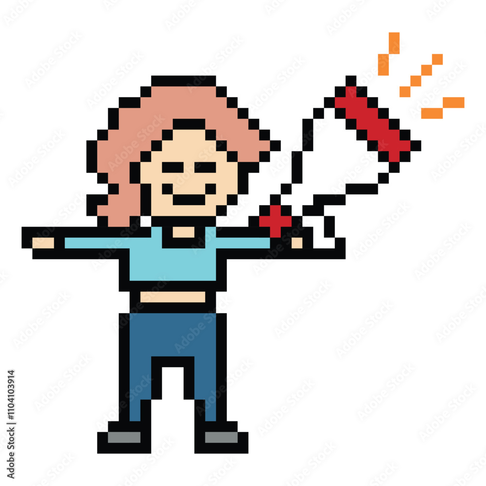 Obraz premium Cute pixel cartoon character woman with megaphone announcement speaker information announce decoration 8 bit female girl lady megaphone cartoon pixel game png vector.