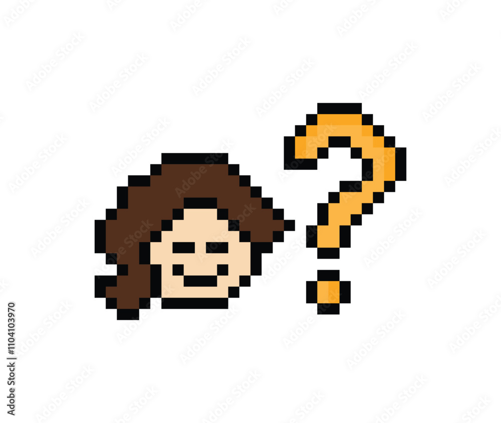 Fototapeta premium Cute pixel cartoon character woman with question mark decoration 8 bit female girl lady confused idea question think choose cartoon pixel game png vector.