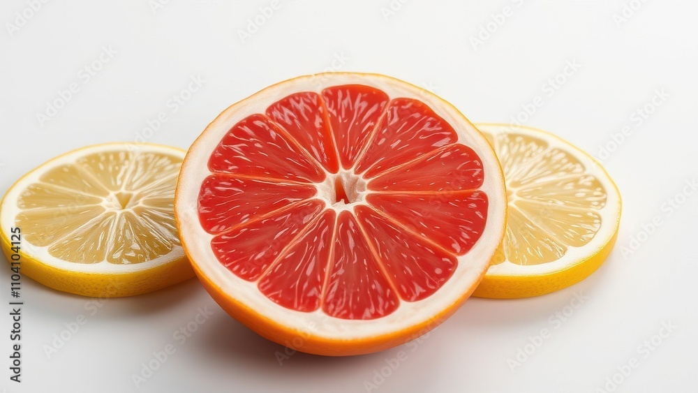 Pink grapefruit slice perceptibly different from yellow lemon slices , unique, distinct, noticeable, citrus fruits Pink grapefruit slice perceptibly different from yellow lemon slices , unique, distinct, noticeable, citrus fruits