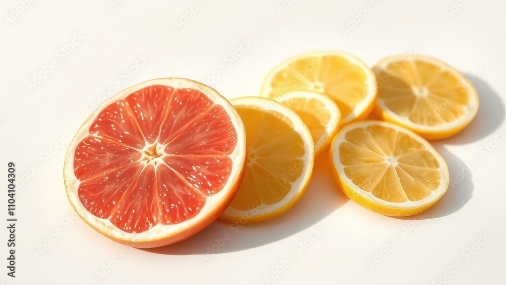 Pink grapefruit slice perceptibly different from yellow lemon slices , vibrant colors, identifiable Pink grapefruit slice perceptibly different from yellow lemon slices , vibrant colors, identifiable
