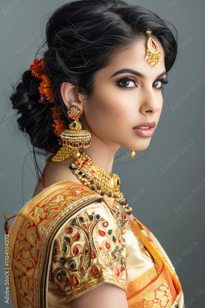 Elegant indian woman in traditional gold embellished saree with floral hair ornaments Elegant indian woman in traditional gold embellished saree with floral hair ornaments
