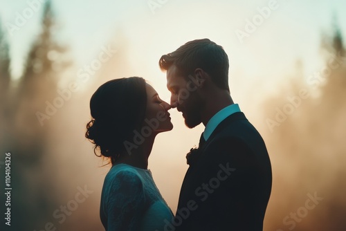 A loving couple stands in silhouette, facing each other under a warm, glowing sunset, capturing the essence of romance and timeless connection against nature's canvas.