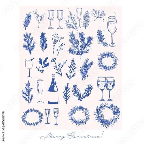 Christmas hand drawn traditional decor elements in trendy cottagecore style
