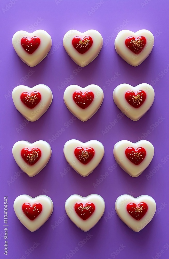 Obraz premium Cioccolatini a forma di cuore disposti in file e colonne, ognuno è bianco con cuori rossi al loro interno, su uno sfondo viola