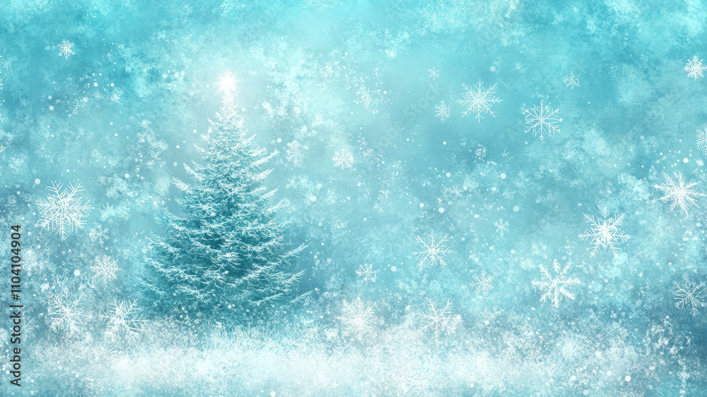 Glowing snowflakes and Christmas tree on blue Glowing snowflakes and Christmas tree on blue