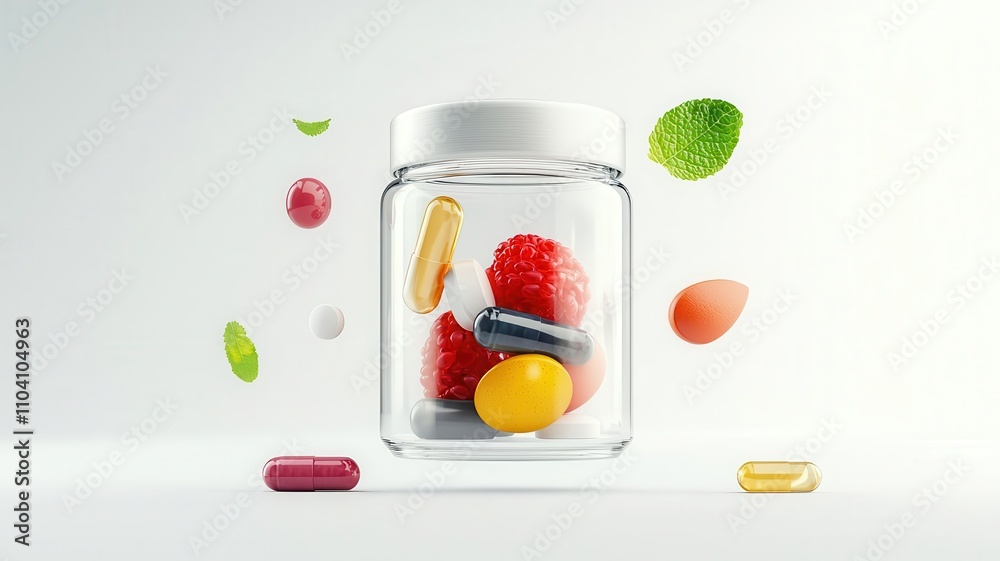 Vibrant jar filled with colorful vitamins and fresh berries, showcasing health and wellness concepts visually. Vibrant jar filled with colorful vitamins and fresh berries, showcasing health and wellness concepts visually.