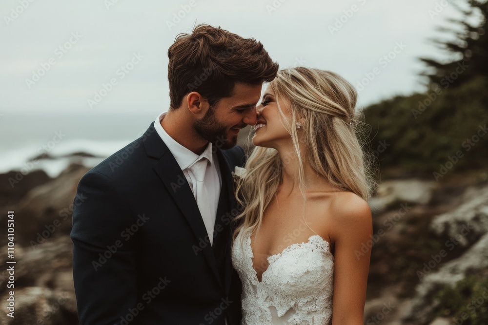 A romantic scene captures a bride and groom tenderly embracing near the rocky edge of an ocean, symbolizing love, unity, and cherished moments in a beautiful setting. A romantic scene captures a bride and groom tenderly embracing near the rocky edge of an ocean, symbolizing love, unity, and cherished moments in a beautiful setting.