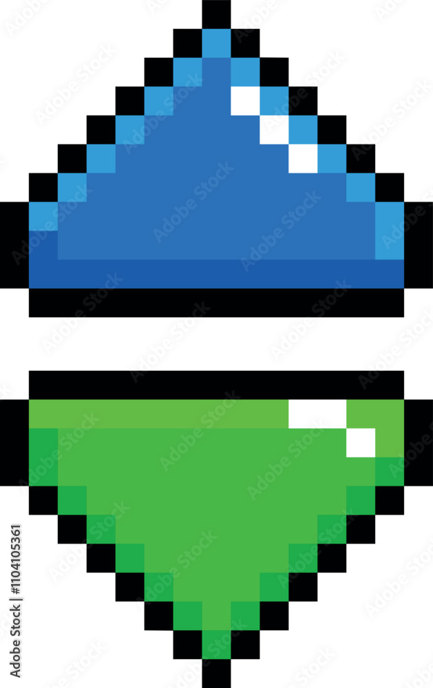 Two blue and green buttons are displayed in a pixelated style Two blue and green buttons are displayed in a pixelated style