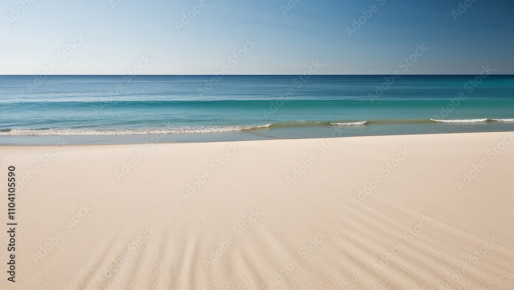 Expansive white sandy beach blending seamlessly into turquoise sea Expansive white sandy beach blending seamlessly into turquoise sea
