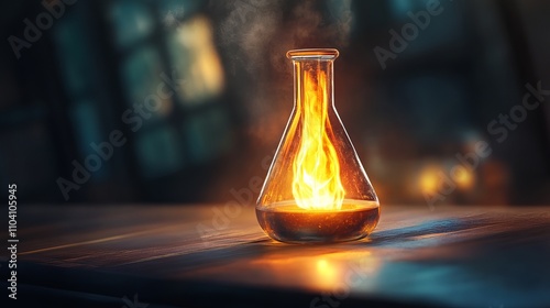 A glowing laboratory flask emits vibrant flames, casting a warm ambiance in a dimly lit space, perfect for science enthusiasts and creative projects. photo