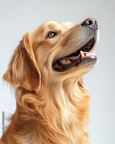 A golden retriever with its mouth open in a joyful pose, captured mi profile on a clean white background under soft lighting photo